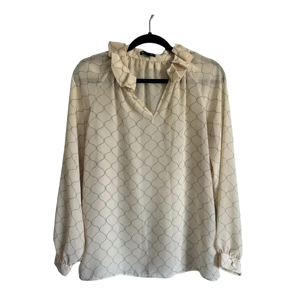 Gap Sheer Long Sleeve Cream Blouse Geometric Shape Ruffle Collar Size Small